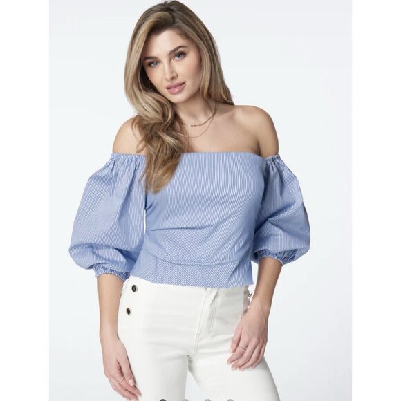 Bebe Poplin Off Shoulder Blue White Striped Top 2 Cotton Nautical Date Night Bea - Picture 1 of 11